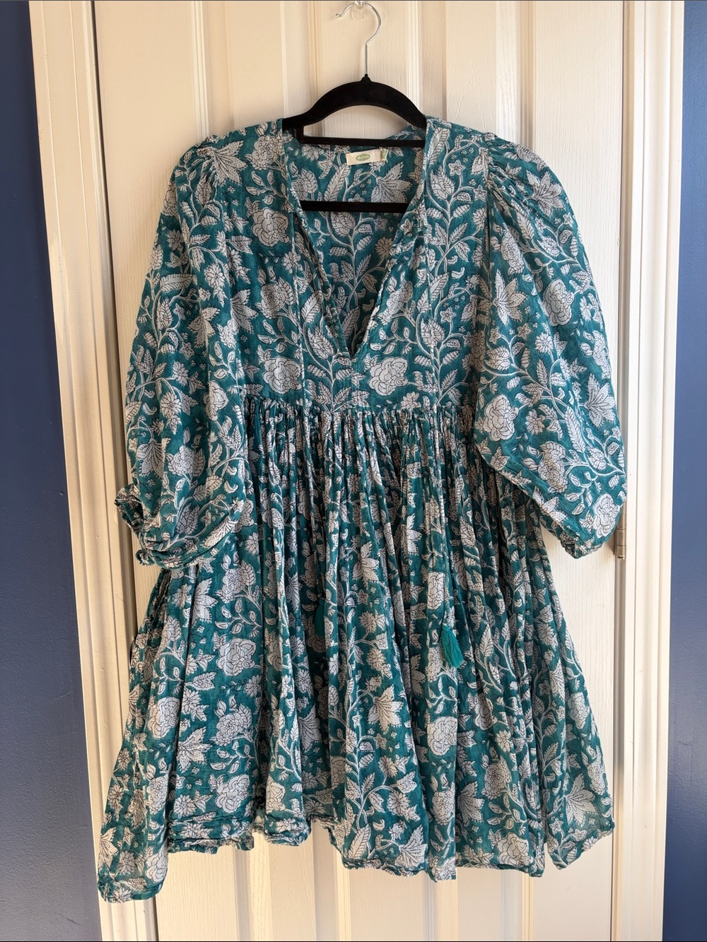 Dolma Floral Cotton Block Printed Mini Dress Size M Teal Boho